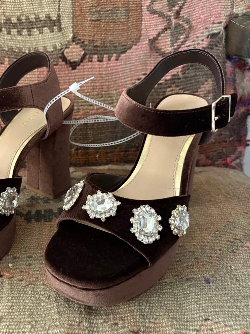 NWT Copper Key Black Velvet Rhinestone Platform Heels Ankle Strap Y2K